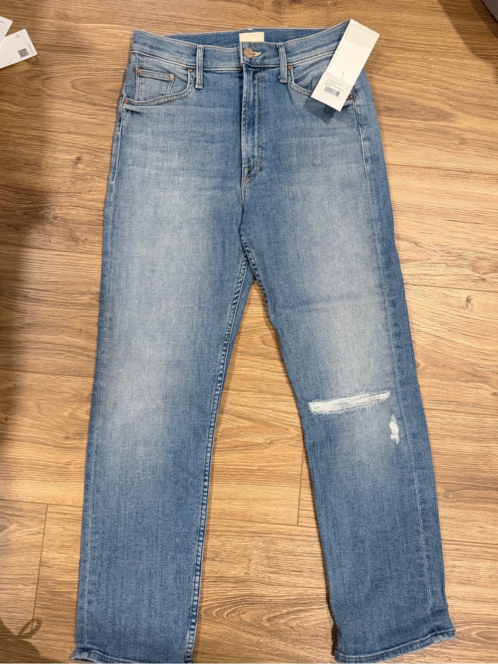 MOTHER Light Blue Distressed Straight Jeans